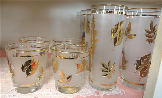 Lot of Vintage Gold Leaf Glassware including Tumblers, Iced Tea Glasses, and Goblets with White Leaves and Gold Trim - Goblets Measure 6 1/4 Tall