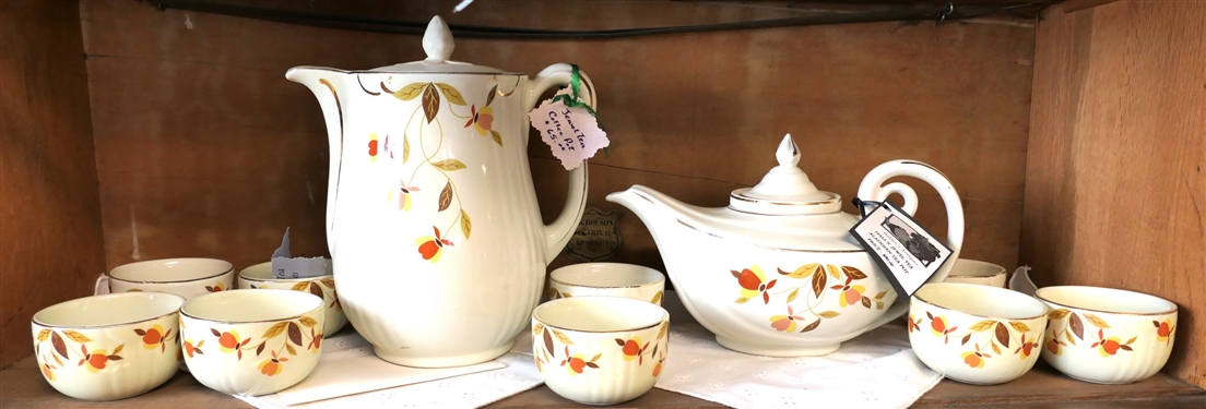 11 Pieces of Hall's Jewel Tea including Custard Cups, Coffee Pot, and Tea Pot with Insert - Coffee Pot Measures