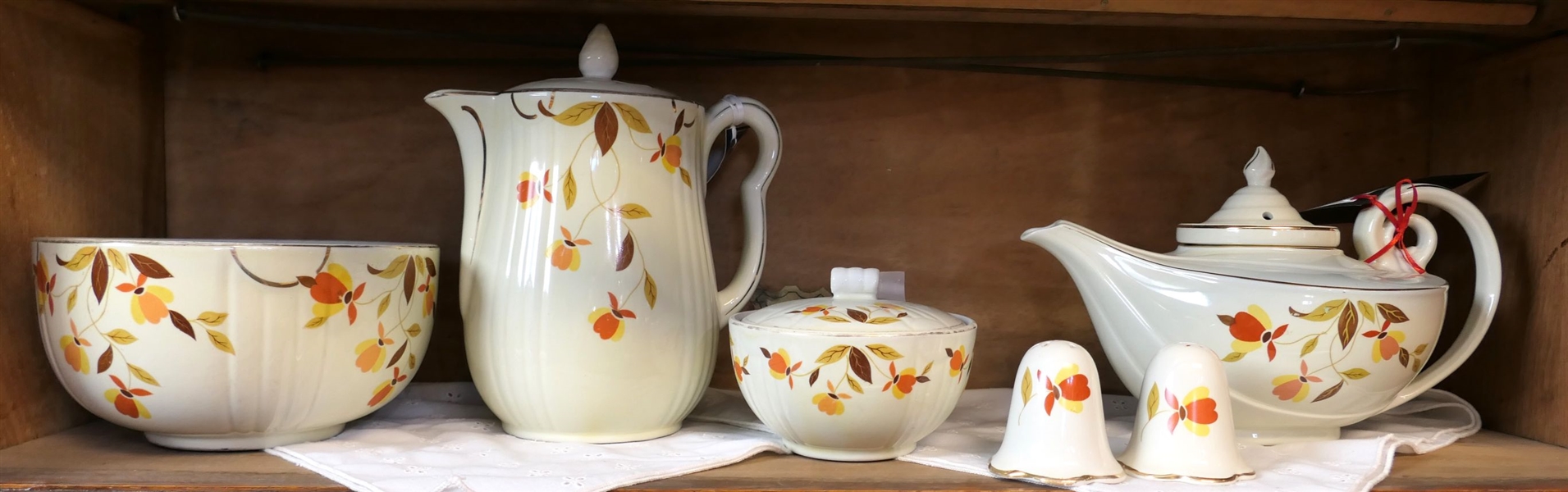 6 Pieces of Halls Jewel Tea including Tea Pot with Insert, Salt & Pepper Shakers, Lidded Bowl, Coffee Pot, and Other Bowl - Both Bowls and Coffee Pot Have Damage 