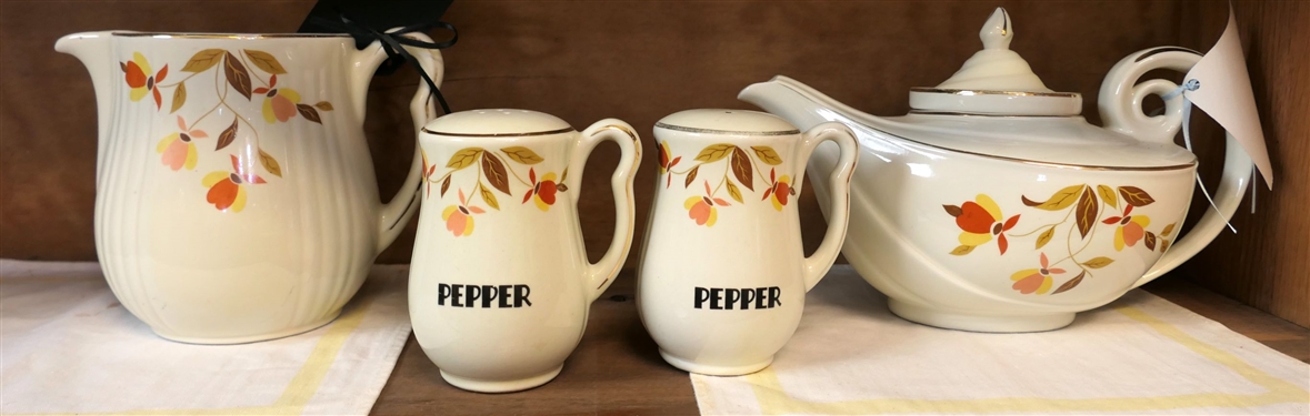 7 Piece of Hall's Jewel Tea including Tea Pot with Strainer, Large Salt & Pepper Shakers, Pitcher