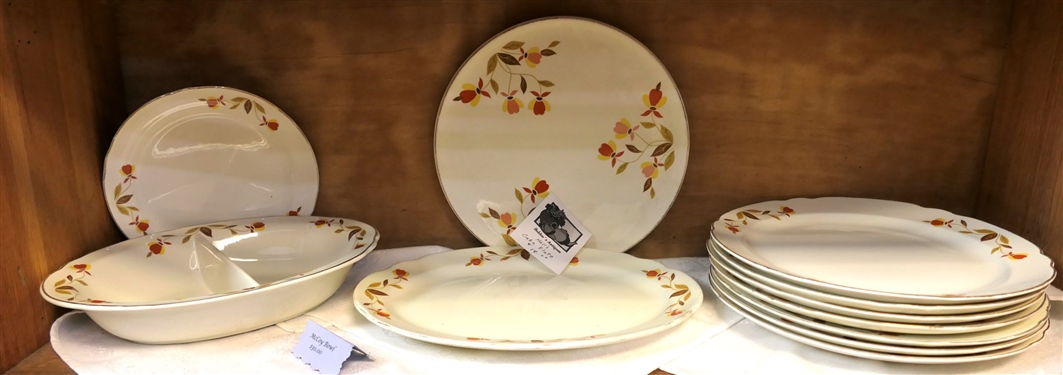 11 Pieces of Hall's Jewel Tea including - Oval Divided Bowl, Cake Plate, and 7 Dinner Plates 