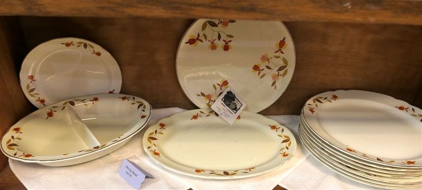 11 Pieces of Hall's Jewel Tea including - Oval Divided Bowl, Cake Plate, and 7 Dinner Plates 