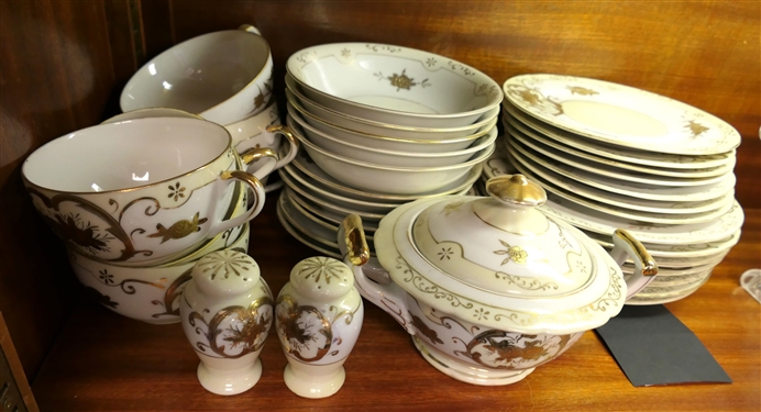 35 Pieces of Hand Pained Japan China with Gold Decoration - Cups, Saucers, Salt & Pepper Shakers, and Sugar Dish