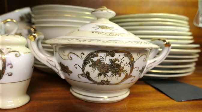 35 Pieces of Hand Pained Japan China with Gold Decoration - Cups, Saucers, Salt & Pepper Shakers, and Sugar Dish