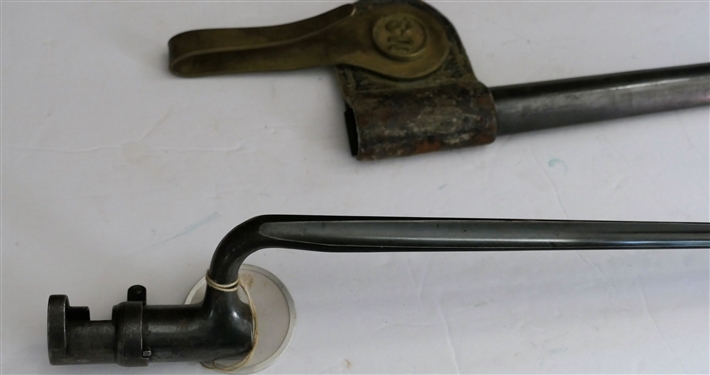 US Bayonet For Springfield Trapdoor 45-70 - Bayonet and Scabbard Both Marked US. Leather Scabbard with Brass US Emblem - Measures 21 1/2 Long 