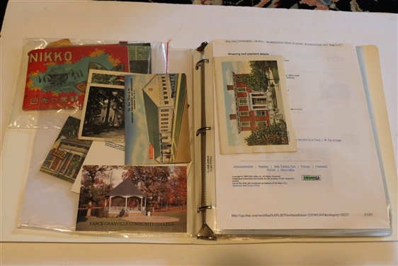 Binder Full of Post Cards and Ephemera -Turn of the Century Local Post Cards From Warrenton, Lewisburg, Raleigh . Also Including Kentucky, University of Virginia, North Carolina Coast, Japan,...