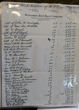 10 Pages of Alston's Research, Information, Ephemera, and Photos including Warrenton, Seaboard Airline Receipts and Luggage Tag, Post Cards, 8 by 10 Photographs, Brochure,  Warrenton Railroad...