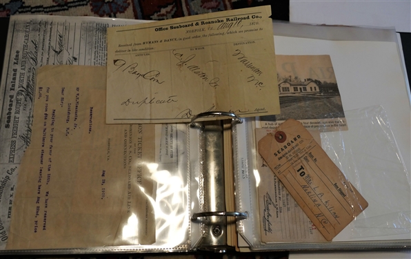10 Pages of Alston's Research, Information, Ephemera, and Photos including Warrenton, Seaboard Airline Receipts and Luggage Tag, Post Cards, 8 by 10 Photographs, Brochure,  Warrenton Railroad...