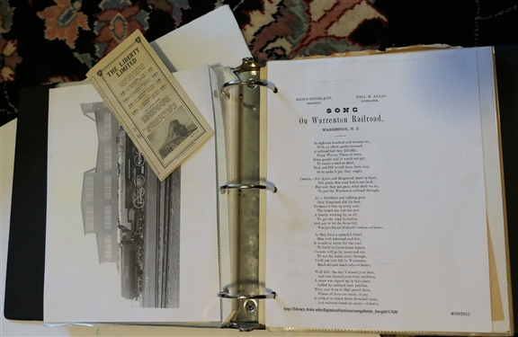 10 Pages of Alston's Research, Information, Ephemera, and Photos including Warrenton, Seaboard Airline Receipts and Luggage Tag, Post Cards, 8 by 10 Photographs, Brochure,  Warrenton Railroad...