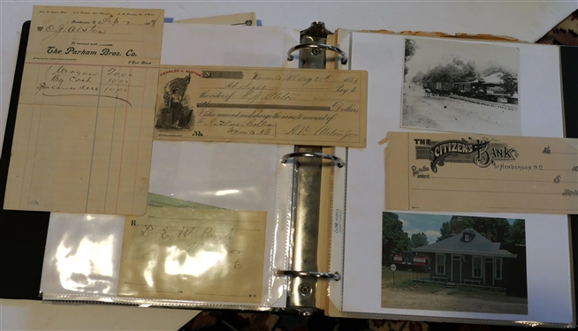 10 Pages of Alston's Research, Information, Ephemera, and Photos including Warrenton, Seaboard Airline Receipts and Luggage Tag, Post Cards, 8 by 10 Photographs, Brochure,  Warrenton Railroad...