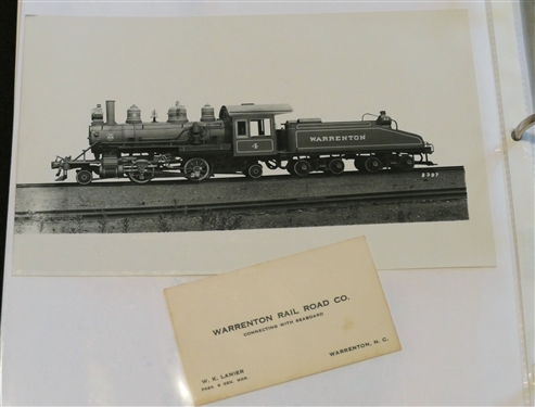 10 Pages of Alston's Research, Information, Ephemera, and Photos including Warrenton, Seaboard Airline Receipts and Luggage Tag, Post Cards, 8 by 10 Photographs, Brochure,  Warrenton Railroad...