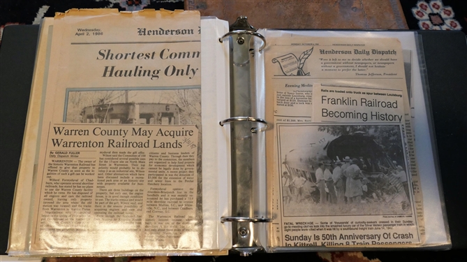 Pages of Alston's Railroad information Including Photos 5 by 7, Postcards, General Information about the B&W Railroad and  Alphabetic Listings of Train Information, Newspaper Clippings, and 8 by...
