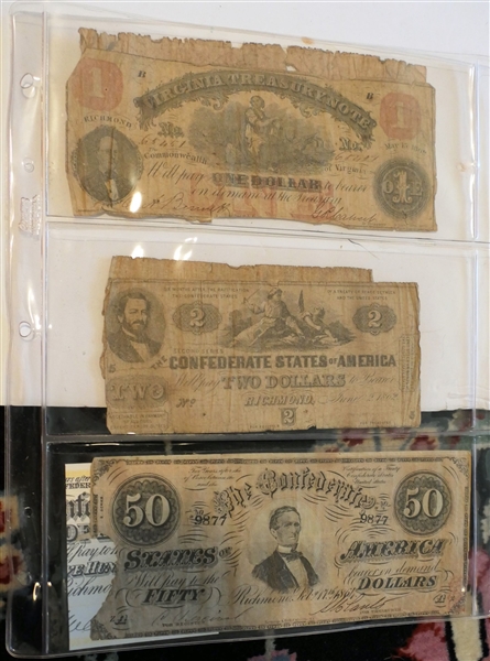 5 Confederate Notes - Including May 15, 1863 Virginia One Dollar, June 2 1862 Richmond, VA 2 Dollars, Richmond, VA 50 Dollar, Richmond, VA 1 Dollar, and North Carolina One Dollar 