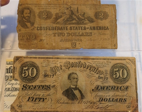 5 Confederate Notes - Including May 15, 1863 Virginia One Dollar, June 2 1862 Richmond, VA 2 Dollars, Richmond, VA 50 Dollar, Richmond, VA 1 Dollar, and North Carolina One Dollar 