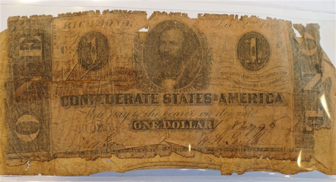 5 Confederate Notes - Including May 15, 1863 Virginia One Dollar, June 2 1862 Richmond, VA 2 Dollars, Richmond, VA 50 Dollar, Richmond, VA 1 Dollar, and North Carolina One Dollar 
