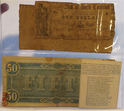 5 Confederate Notes - Including May 15, 1863 Virginia One Dollar, June 2 1862 Richmond, VA 2 Dollars, Richmond, VA 50 Dollar, Richmond, VA 1 Dollar, and North Carolina One Dollar 