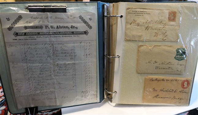 Ephemera Lot including P.G. Alston, Jr 1884 Receipt, Alston Letters in Original Envelopes, Ledger Pages from 1870's and 80's, Gold Mine Sale Flyer, Alston's Store Ads, Alston House Cards, Watkins...