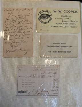 Ephemera Lot including P.G. Alston, Jr 1884 Receipt, Alston Letters in Original Envelopes, Ledger Pages from 1870's and 80's, Gold Mine Sale Flyer, Alston's Store Ads, Alston House Cards, Watkins...