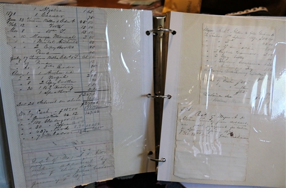 Ephemera Lot including P.G. Alston, Jr 1884 Receipt, Alston Letters in Original Envelopes, Ledger Pages from 1870's and 80's, Gold Mine Sale Flyer, Alston's Store Ads, Alston House Cards, Watkins...