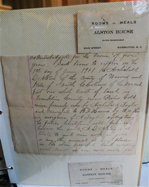 Ephemera Lot including P.G. Alston, Jr 1884 Receipt, Alston Letters in Original Envelopes, Ledger Pages from 1870's and 80's, Gold Mine Sale Flyer, Alston's Store Ads, Alston House Cards, Watkins...