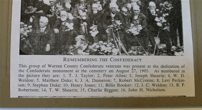 Photograph of Warren County Confederate Veterans at the Dedication of The Confederate Monument at the Cemetery on August 27, 1903 - Identified and Numbered on Reverse of Photo - Image Measures 3...