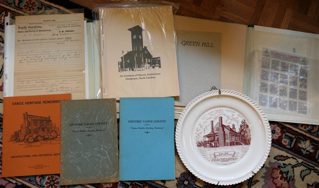 "Green Hill" Louisburg, NC Plate, First Edition Booklet "Green Hill", Civil War Stamps, Henderson, NC Mayors Court Summons 1888, 1941 Vance County Booklet, Vance Heritage Booklet, An Inventory of...