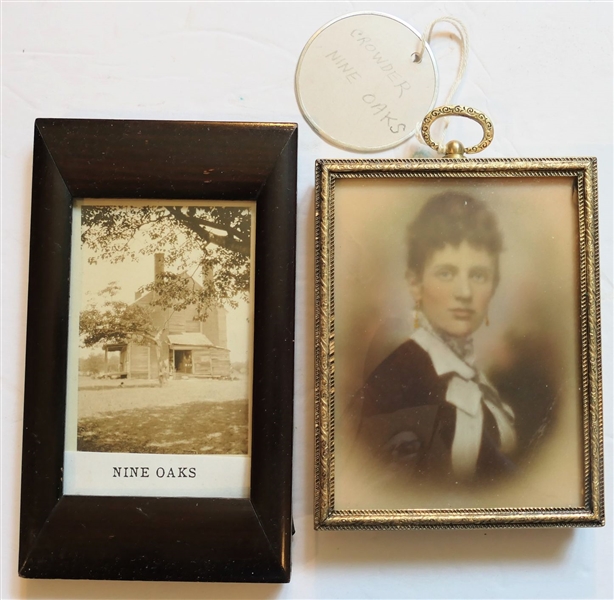 Photograph on Porcelain of Ms. Crowder - "Nine Oaks" and Framed Photo of Nine Oaks - Portrait on Porcelain in Small Bowed Glass Frame  - Frame Measures 4 1/4" by 3 1/4" 