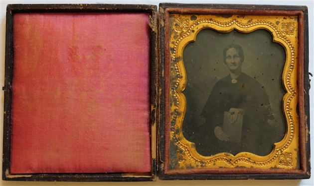Tin Type Photograph of Elderly Woman In Leather Wrapped Case - Has Separated at Hinge - Case Measures 3 1/2 by 3 