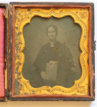 Tin Type Photograph of Elderly Woman In Leather Wrapped Case - Has Separated at Hinge - Case Measures 3 1/2 by 3 