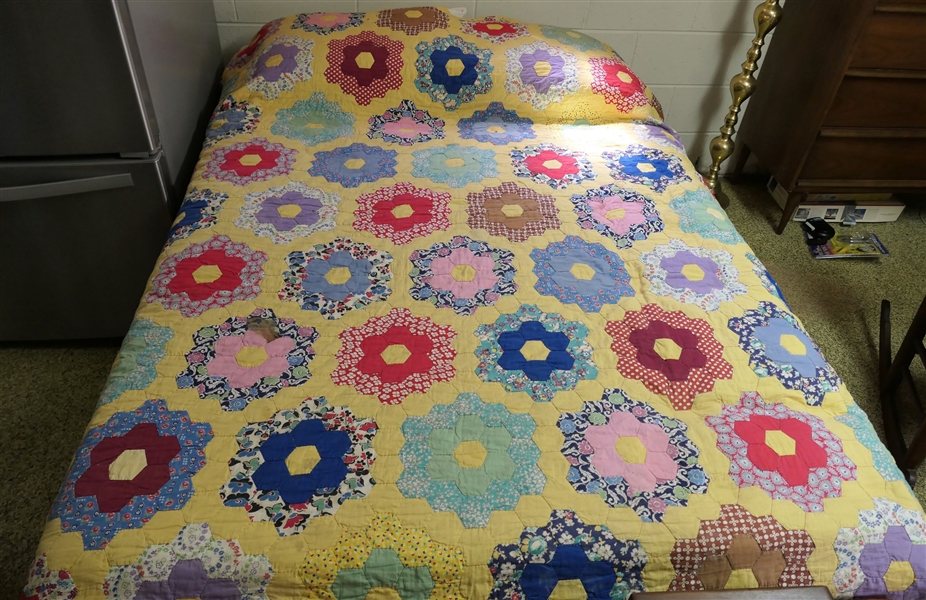Very Thin Hand Quilted Flower Patterned Quilt - Bright Colors -Scalloped Edge  Stained Area to 1 Flower - Measures 82" by 86" 