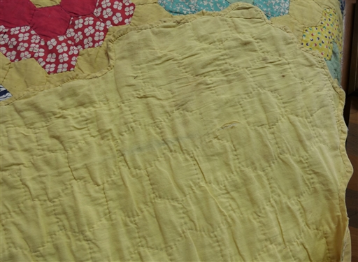 Very Thin Hand Quilted Flower Patterned Quilt - Bright Colors -Scalloped Edge  Stained Area to 1 Flower - Measures 82 by 86 