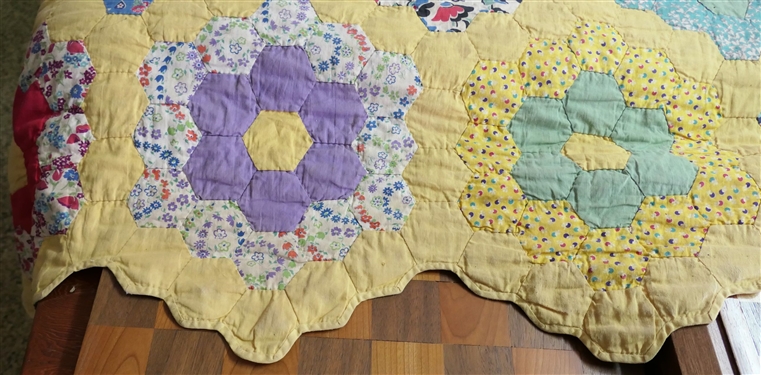Very Thin Hand Quilted Flower Patterned Quilt - Bright Colors -Scalloped Edge  Stained Area to 1 Flower - Measures 82 by 86 