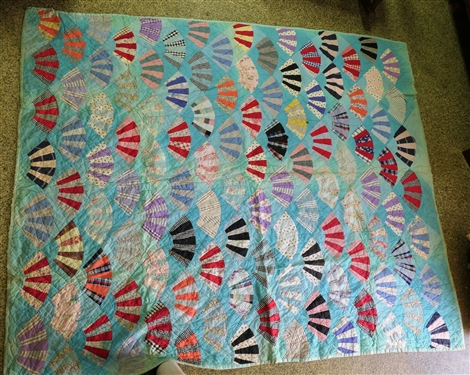 Unusual Fan Patterned Quilt - Hand Quilted - Measures 78 by 64