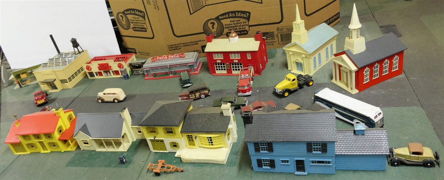 Plastic Train Town Pieces including Fire Department, Churches, Supermarket, Houses, Shed, Newsstand, Coca Cola Diner, Telephone Booth, Mail box, and Cars, Bus, Delivery Trucks, Fire Truck, and Cars...