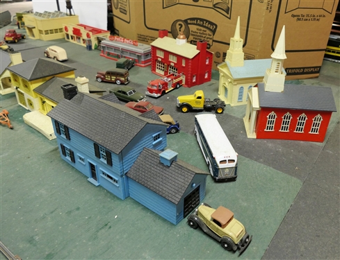 Plastic Train Town Pieces including Fire Department, Churches, Supermarket, Houses, Shed, Newsstand, Coca Cola Diner, Telephone Booth, Mail box, and Cars, Bus, Delivery Trucks, Fire Truck, and Cars...