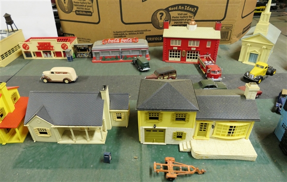 Plastic Train Town Pieces including Fire Department, Churches, Supermarket, Houses, Shed, Newsstand, Coca Cola Diner, Telephone Booth, Mail box, and Cars, Bus, Delivery Trucks, Fire Truck, and Cars...