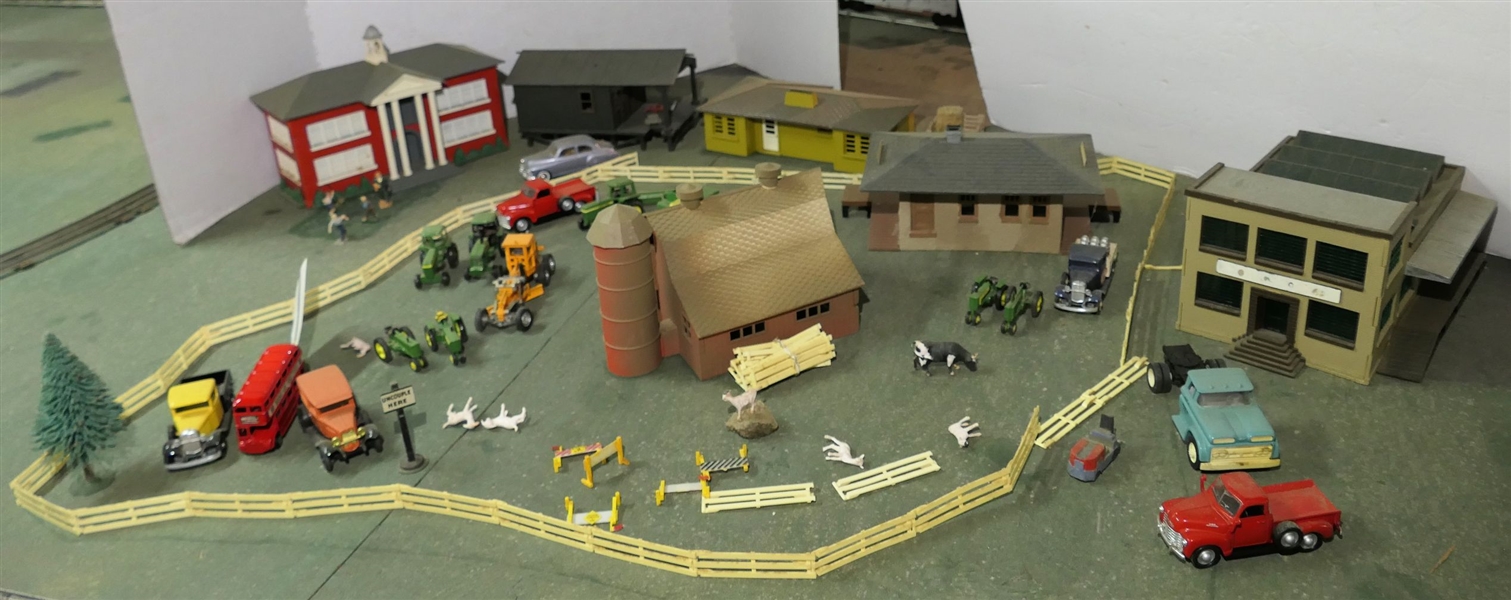 Plastic Train Vignette Farm and School Buildings including Barns, Silo, Fences, Animals, Trucks, Tractors, and People