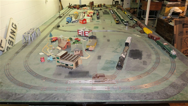5 Painted Train Tables and Attached Track Switches, Bridges, Lights. Tables Have Metal Bases and Plywood Tops - Each Table Measures 29 tall 4' by 8' - Only Items Attached To Table - Nothing Else...