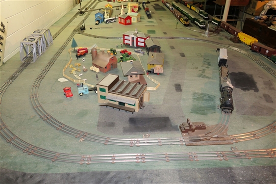 5 Painted Train Tables and Attached Track Switches, Bridges, Lights. Tables Have Metal Bases and Plywood Tops - Each Table Measures 29 tall 4' by 8' - Only Items Attached To Table - Nothing Else...