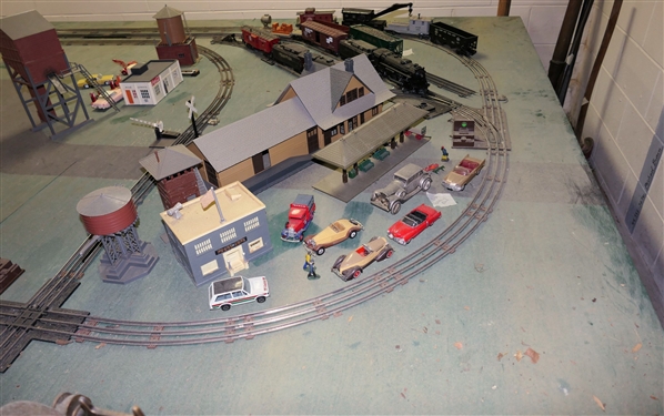 5 Painted Train Tables and Attached Track Switches, Bridges, Lights. Tables Have Metal Bases and Plywood Tops - Each Table Measures 29 tall 4' by 8' - Only Items Attached To Table - Nothing Else...