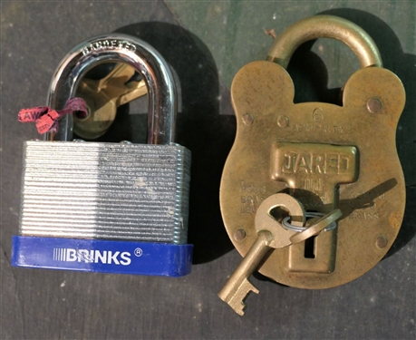 JARED - 6 Admiralty Brass Lock - Signed JAS Morgan &  Sons LTD. Justin Square - With Keys and Large Heavy Duty Brinks Pad Lock -with Keys - Brass Lock Measures 3 3/4 by 2 3/4