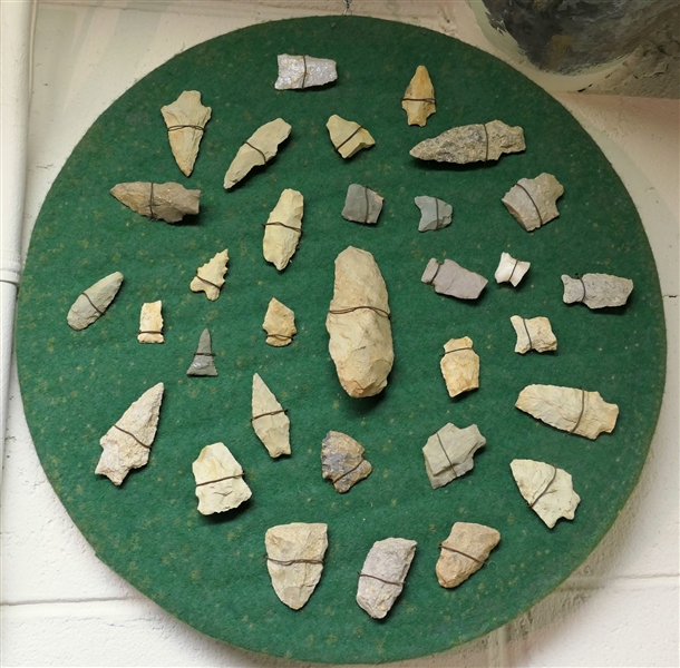 Round Board with Attached Arrowheads and Artifacts - Board Measures 17" Across