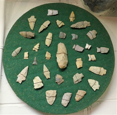 Round Board with Attached Arrowheads and Artifacts - Board Measures 17 Across