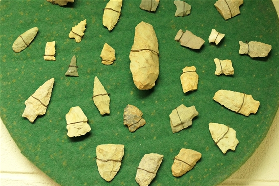 Round Board with Attached Arrowheads and Artifacts - Board Measures 17 Across