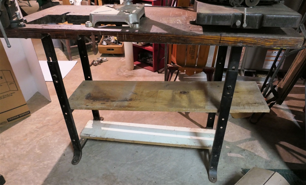 Heavy Duty Industrial Iron Work Table with Wood Top and Small Dunlop Vise - No Other Contents Included - Table Has Hole Cut in Top Surface - Measures 31" tall 48" by 21"