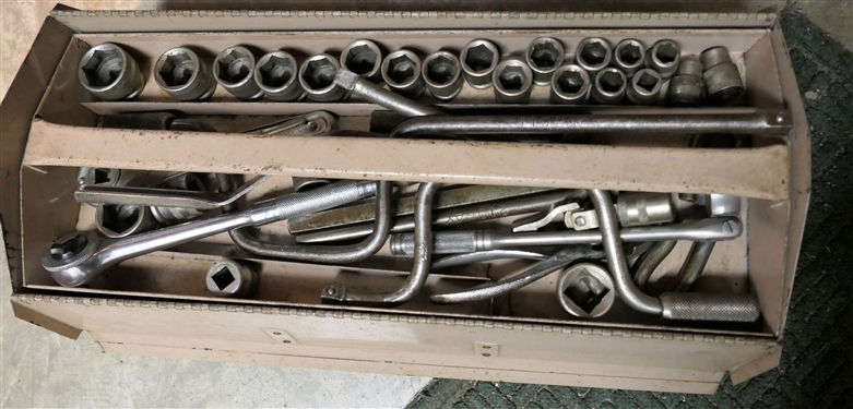 Western Auto Metal Tool Box Full of Sockets and Wrenches including 9 Auto Wrench , Pexto Wrench, Globe Master 18 - Wrench, Blackhawk Ratchets and RAY Sockets