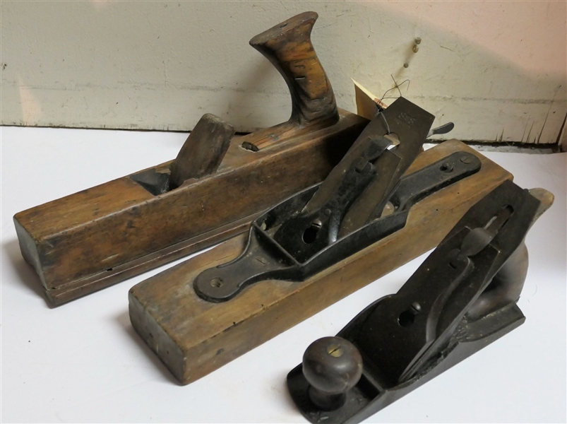 3 Wood Planes including Bailey No. 4, Unsigned Wood Block Plane, and S & S Siegley Plane