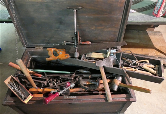 Wood Tool Chest with Sliding Trays and Tools Inside - Saws, Squares, Bits, Hammers, Folding Rulers, and More - Chest Has Raised Panel Top, Brass Corner Pieces - Chest Measures 20 Tall 38 by 22 -...