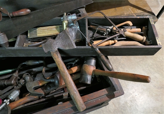 Wood Tool Chest with Sliding Trays and Tools Inside - Saws, Squares, Bits, Hammers, Folding Rulers, and More - Chest Has Raised Panel Top, Brass Corner Pieces - Chest Measures 20 Tall 38 by 22 -...