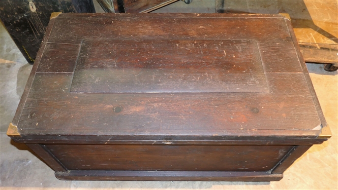 Wood Tool Chest with Sliding Trays and Tools Inside - Saws, Squares, Bits, Hammers, Folding Rulers, and More - Chest Has Raised Panel Top, Brass Corner Pieces - Chest Measures 20 Tall 38 by 22 -...